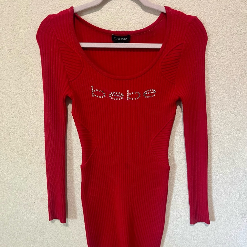 bebe Red Ribbed Long-Sleeve Scoop Neck Bodysuit with Rhinestone Logo